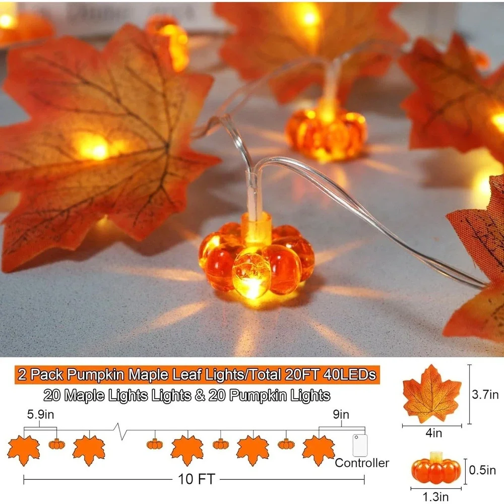 2 Pack Fall Decorations Maple Leaf Pumpkin Lights, Total 20Ft 40 LED Battery Ope